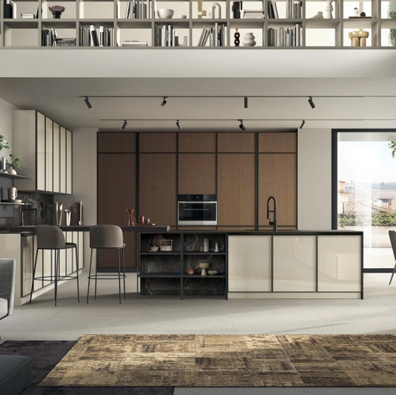 Cucina su misura Jeometrica 01 in vetro lucido Tortora e Rovere di Scavolini