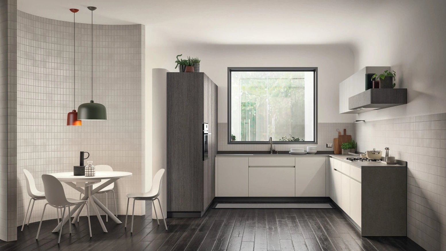 Cucina su misura Libra 05 in laccato opaco Bianco Prestige, laccato opaco dogato Grigio Airone e decorativo Oriental di Scavolini