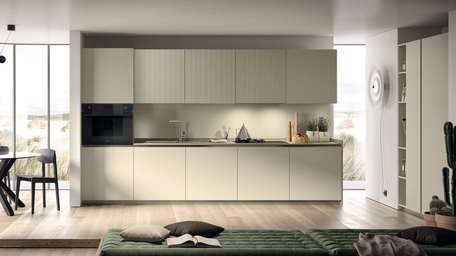 Cucina Moderna Lumina 02 in laccato Tortora e laminato Strips Urban Gold di Scavolini