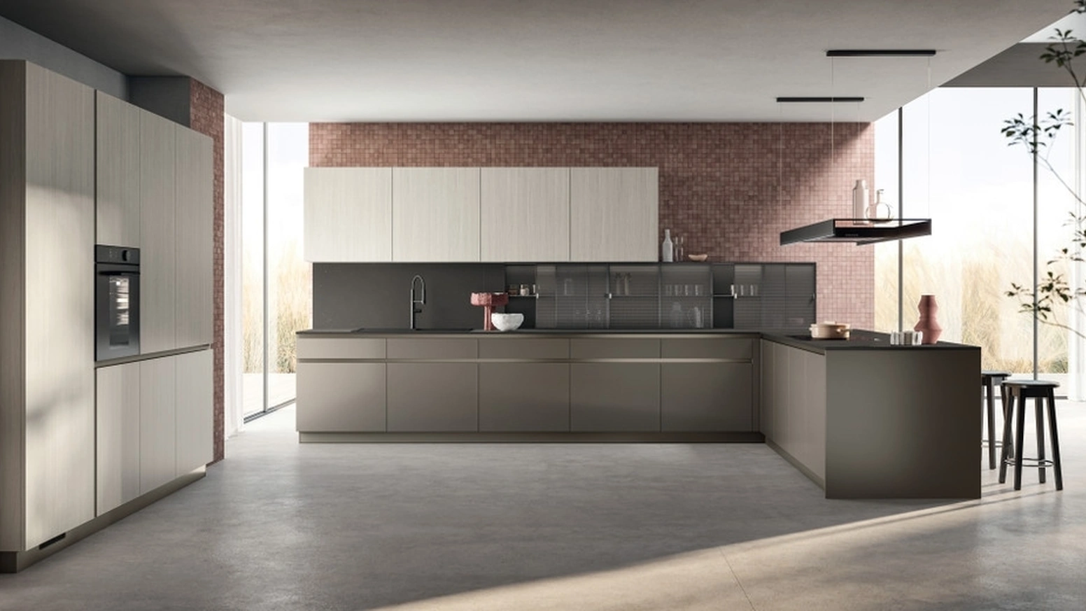 Cucina su misura Lumina 01 in laminato Urban Steel e decorativo Oriental Light di Scavolini