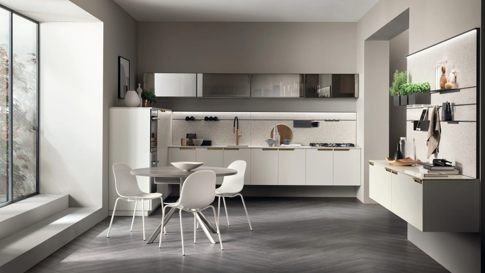 Cucina su misura Mia 03 in Bianco Prestige ed Alluminio di Scavolini