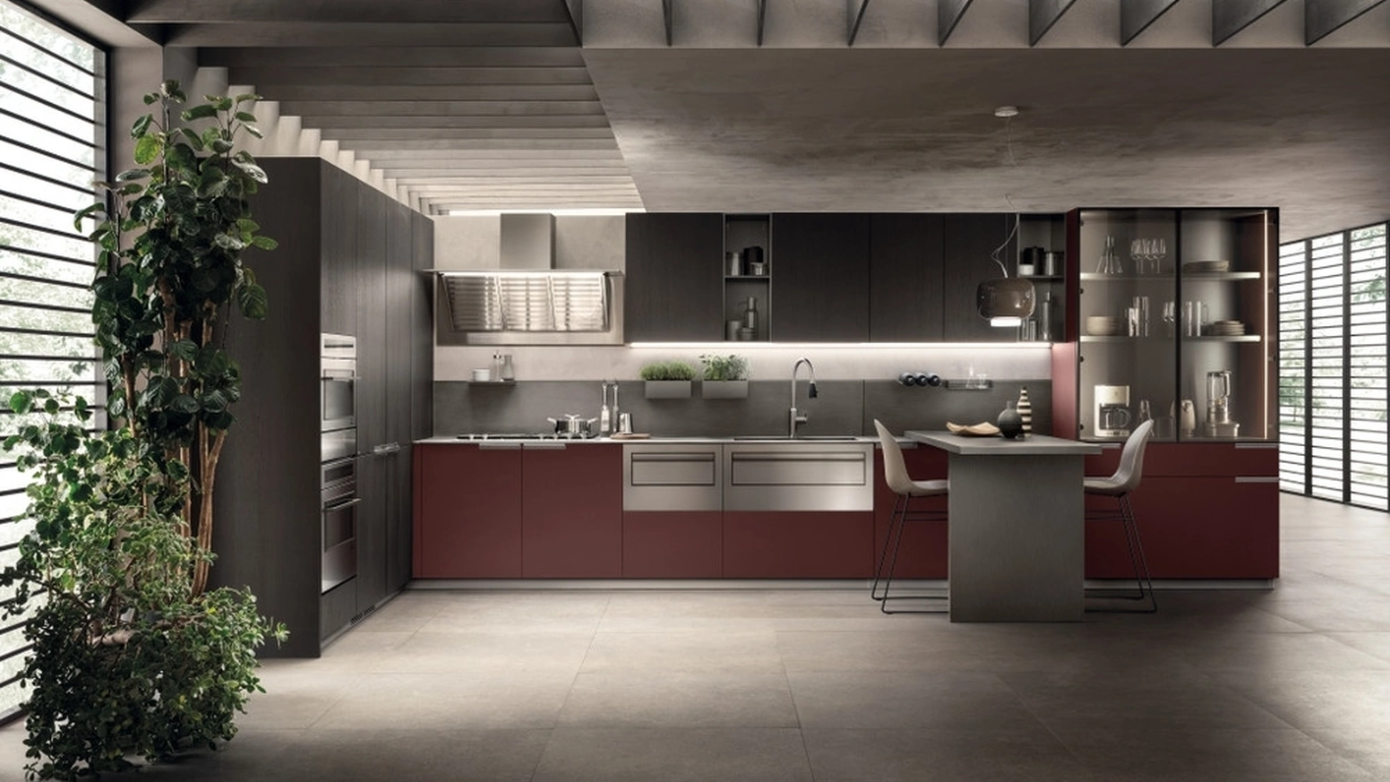 Cucina su misura angolare con penisola Mia 06 Rosso Jaipur e Rovere Carbone di Scavolini