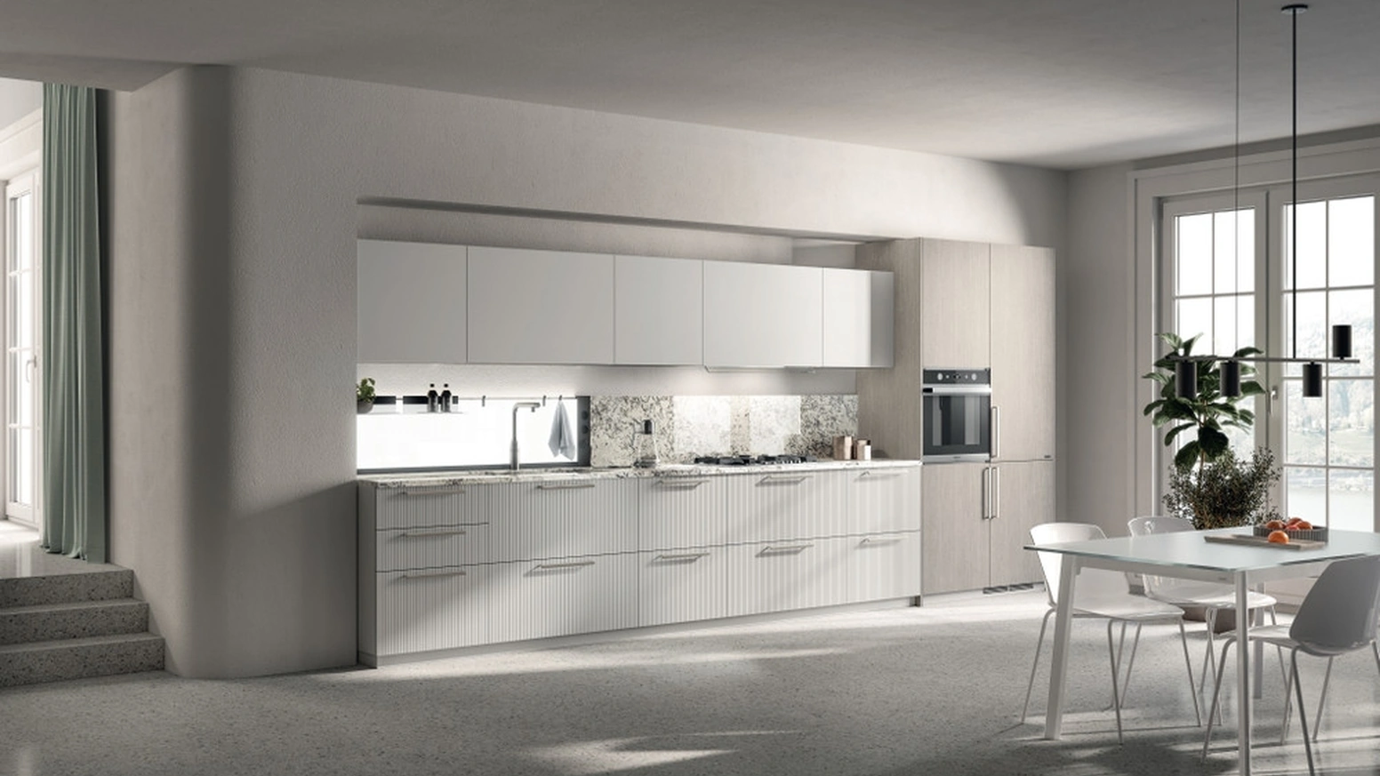 Cucina su misura Musa 05 in laccato dogato opaco Grigio Airone e decorativo Oriental Light di Scavolini