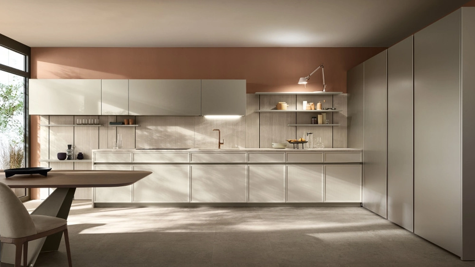 Cucina lineare su misura Poetica 03 in Frassino e laccato di Scavolini