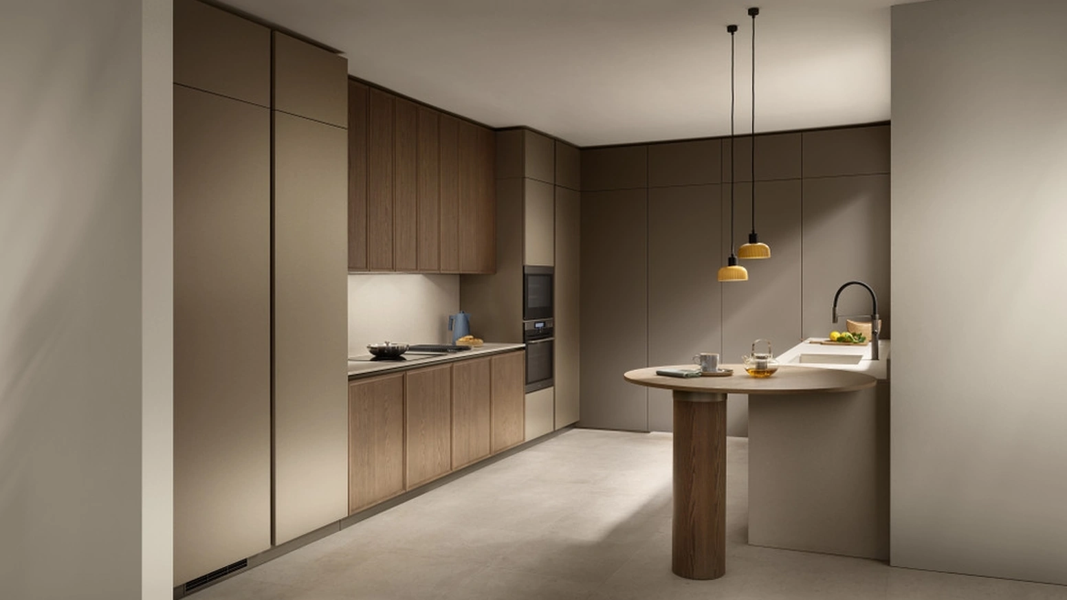 Cucina su misura con penisola Poetica 09 in Frassino, PET e laccato di Scavolini