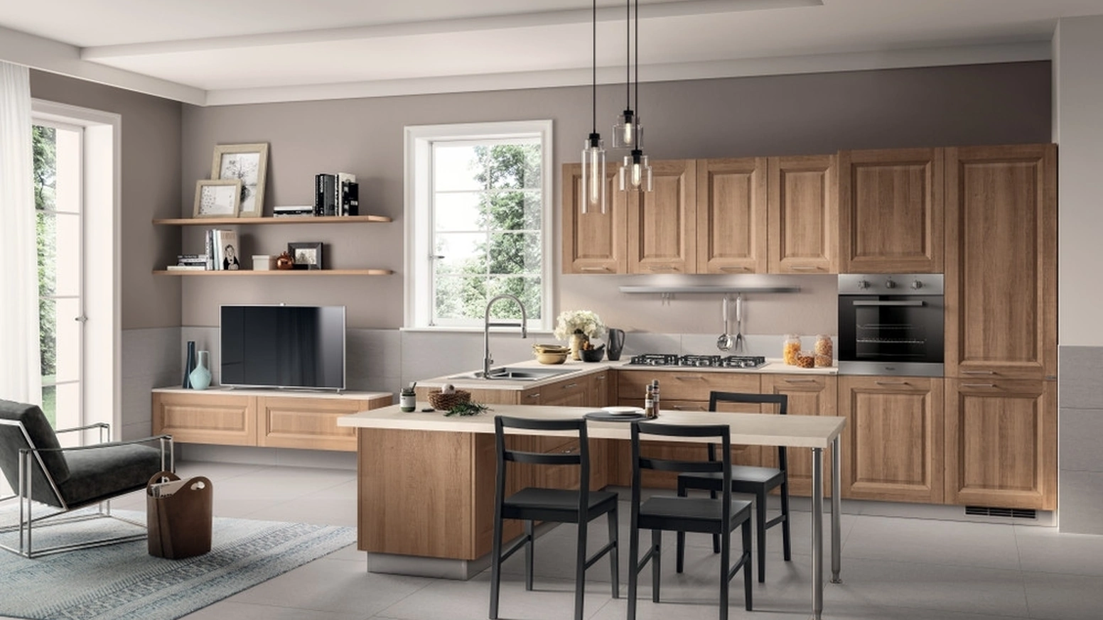Cucina su misura con penisola Family 01 decorativo Rovere Azteco di Scavolini